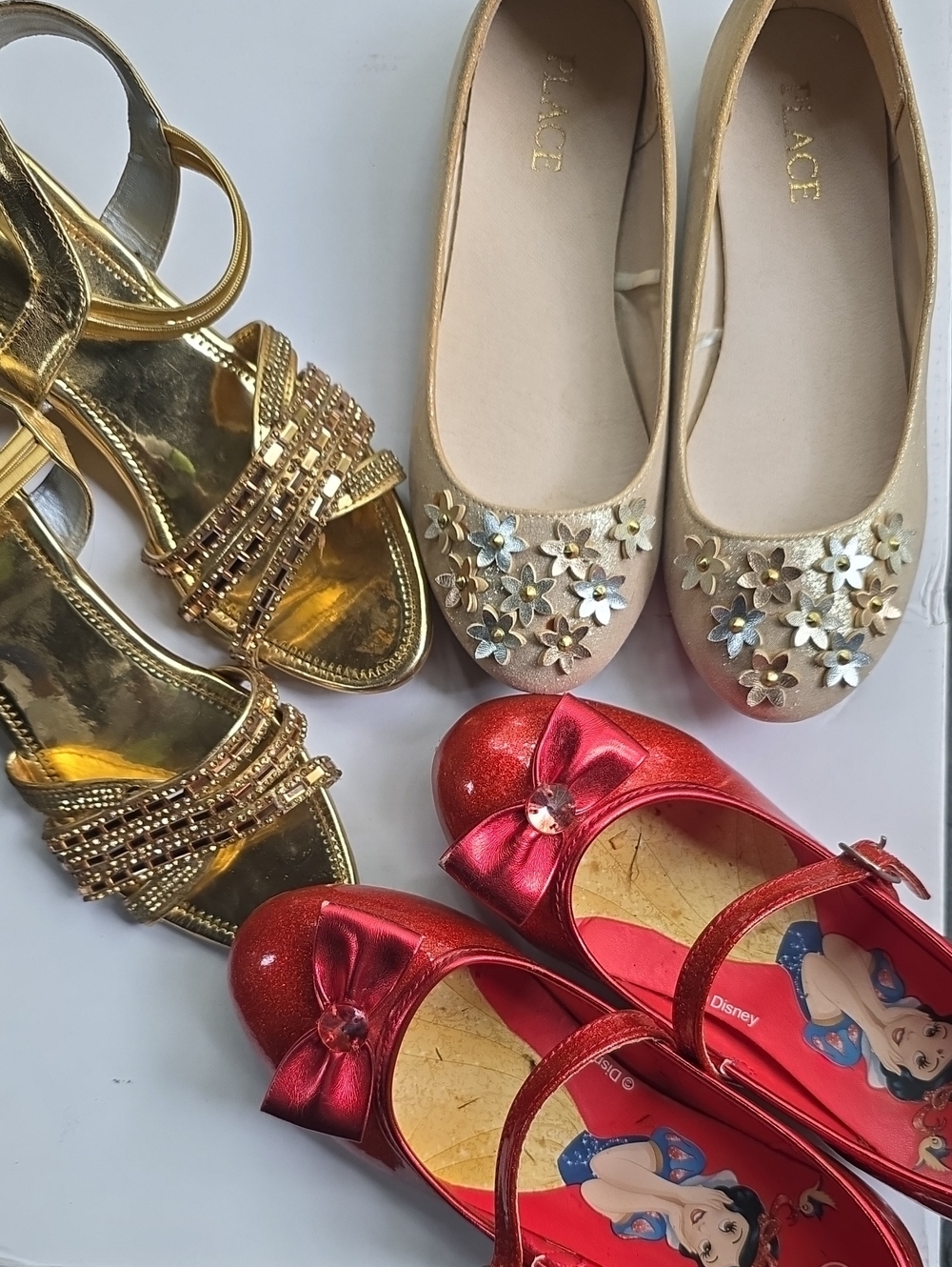 Disney Red Glitter Mary Jane + Plus Gold Dress Shoe + Flower Flat (3 For 1)